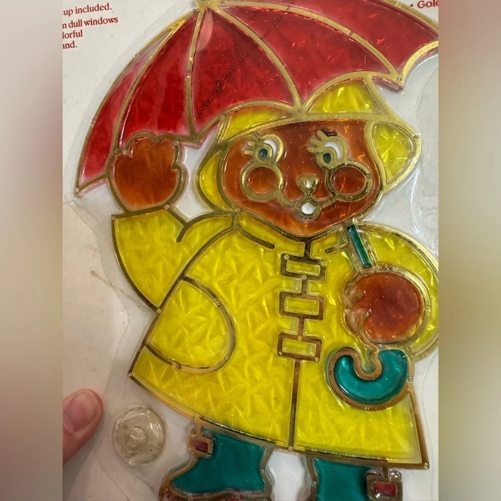 VTG Lot Of 3 Bear in Raincoat Crystalline Sun Catcher Stained Glass Look NIB